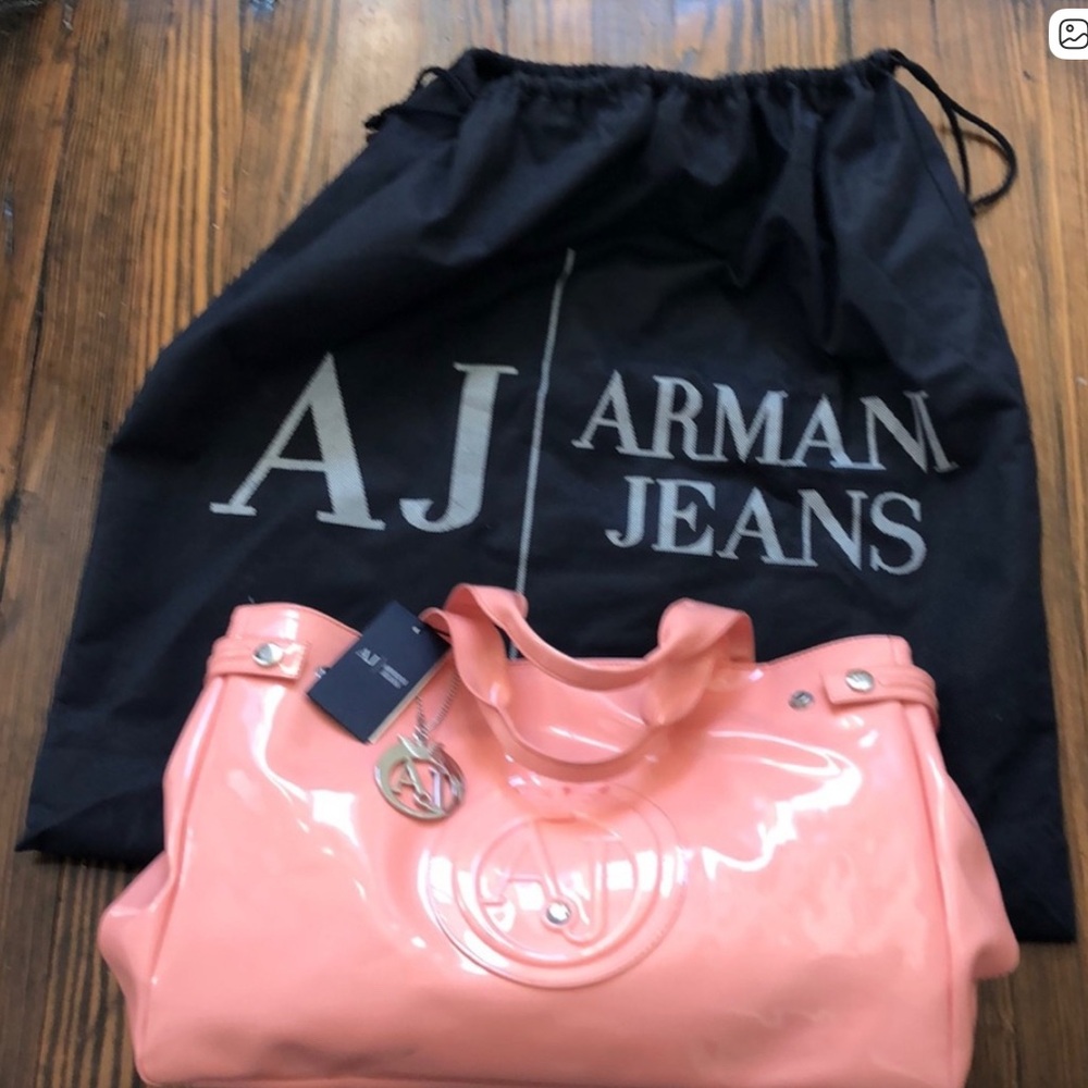 Armani Jeans Coral Pink Patent Tote with Logo Charm